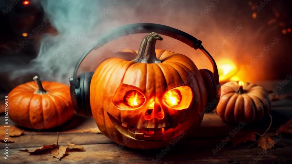 Animated Halloween Scene: Carved Pumpkins with Flickering Eyes, Headphones, and Glowing Stems Amidst Smoky Background Animated Halloween Scene: Carved Pumpkins with Flickering Eyes, Headphones, and Glowing Stems Amidst Smoky Background
