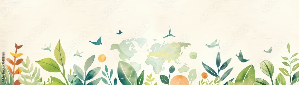 Watercolor illustration of world map with plants and birds, symbolizing nature, travel, and global unity. Ideal for eco-friendly projects.