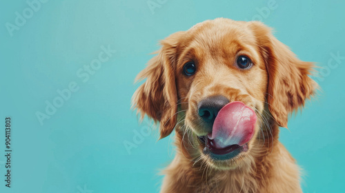 Obraz na płótnie A funny and hungry golden retriever puppy dog eating and licking its lips with tongue. Isolated on a light blue pastel background. w salonie