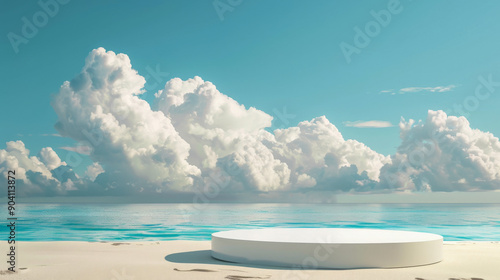 A modern podium with clean lines and copy space for product presentation, placed on a sandy beach. The backdrop is a vibrant blue sky with fluffy white clouds, perfect for a summer display.