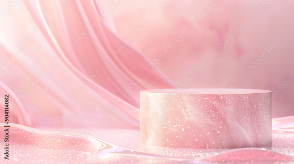 A cylindrical podium with a textured surface stands in front of an abstract pink pastel background with fluid marble patterns. Subtle studio lighting enhances the elegance, perfect for cosmetics A cylindrical podium with a textured surface stands in front of an abstract pink pastel background with fluid marble patterns. Subtle studio lighting enhances the elegance, perfect for cosmetics