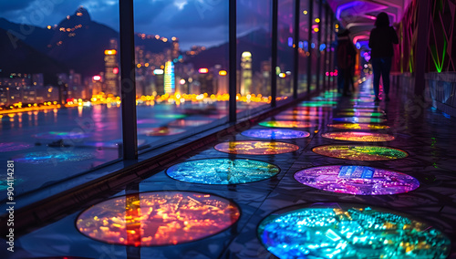 A walkway with colorful lights and people walking by at night.