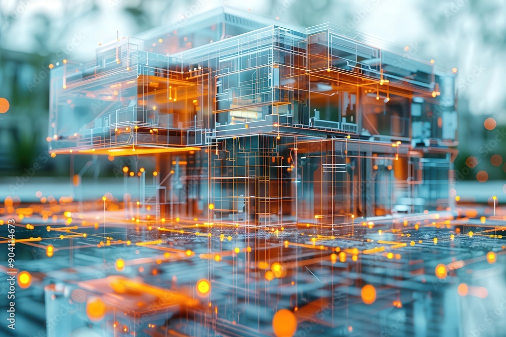 A digital architectural model of a house with an overlay of a detailed wireframe structure, combining both solid and transparent design elements in an innovative manner. A digital architectural model of a house with an overlay of a detailed wireframe structure, combining both solid and transparent design elements in an innovative manner.