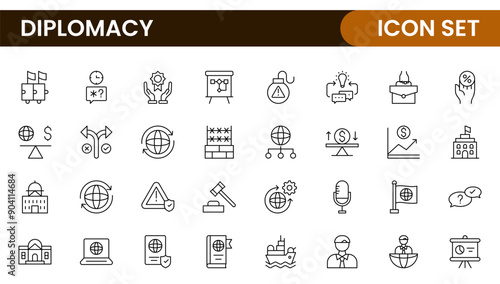 Diplomacy Line  Icons set. Vector illustration in modern thin line style of political dialogue related icons: summit, diplomatic, politics, debate, and more.