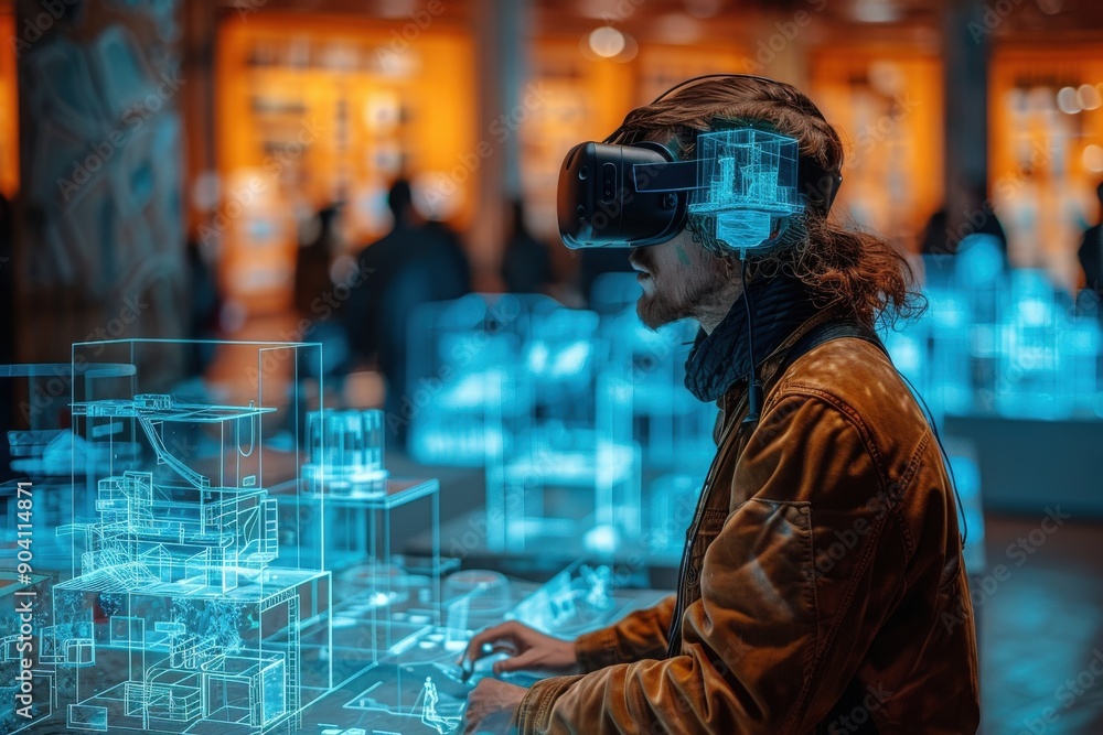 A person interacting with a virtual reality architectural design, highlighting the immersive technology and detailed holographic blueprints of buildings and structures. A person interacting with a virtual reality architectural design, highlighting the immersive technology and detailed holographic blueprints of buildings and structures.