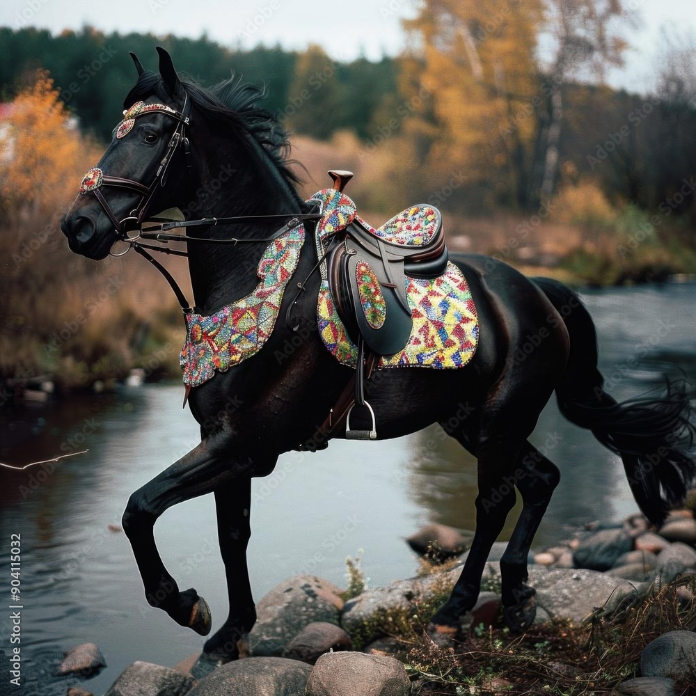 Dark bay stallion with a saddle adorned with colorful mosaics Dark bay stallion with a saddle adorned with colorful mosaics
