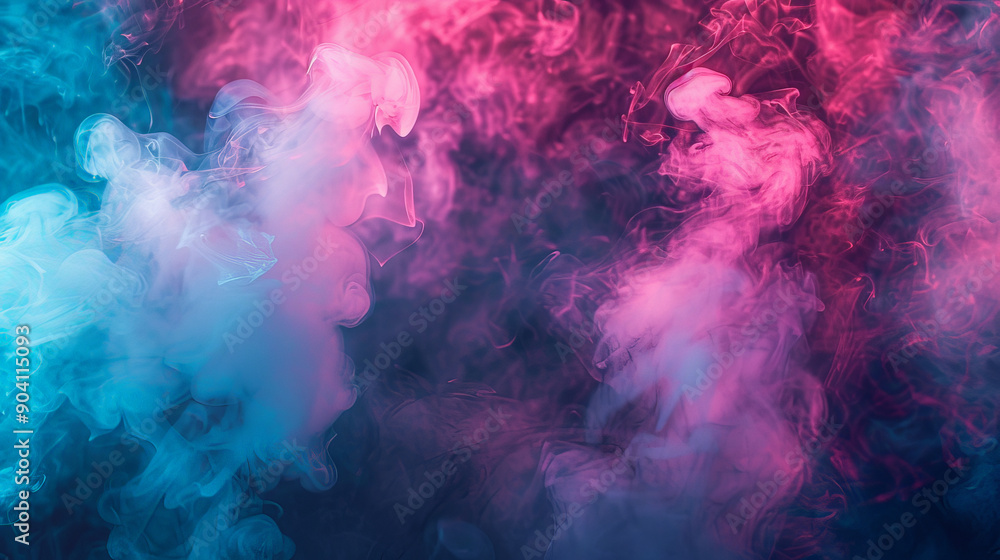 Fototapeta premium A dynamic background showcasing bright cyan and neon pink smoke trails, mixed with delicate steam, creating a lively and modern scene.