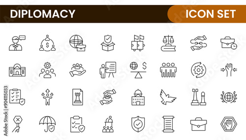 Diplomacy Line  Icons set. Vector illustration in modern thin line style of political dialogue related icons: summit, diplomatic, politics, debate, and more.