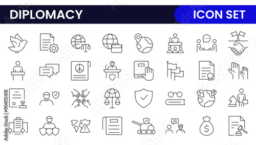 Diplomacy Line  Icons set. Vector illustration in modern thin line style of political dialogue related icons: summit, diplomatic, politics, debate, and more.