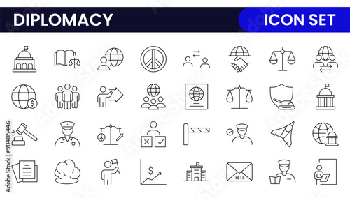 Diplomacy Line  Icons set. Vector illustration in modern thin line style of political dialogue related icons: summit, diplomatic, politics, debate, and more.