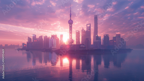 Shanghai on an island, concept background at sunrise. The Oriental Pearl Tower and modern skyscrapers should be illuminated by the morning sun, with water reflecting the vibrant cityscape.