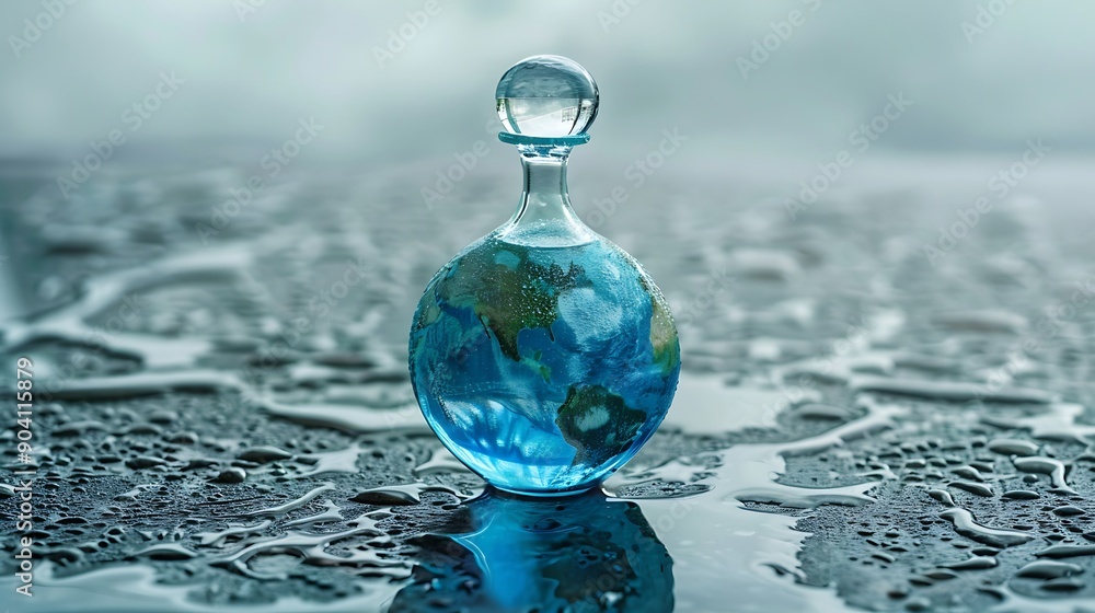 A glass bottle with an earth design inside that is set on a moist A glass bottle with an earth design inside that is set on a moist