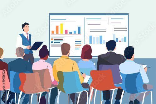 Business people listening to a presentation in a conference room, corporate training vector illustration