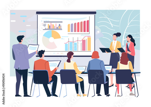 Business people listening to a presentation in a conference room, corporate training vector illustration