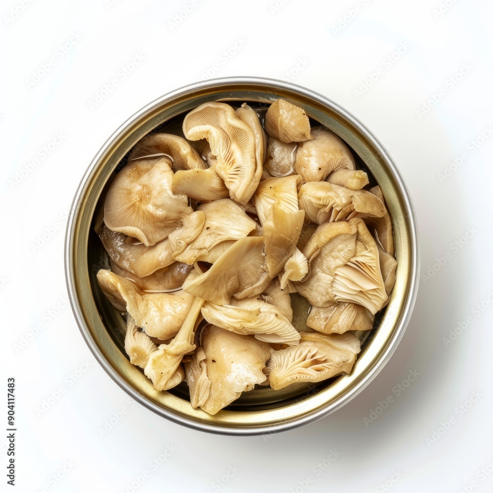 Medium shot of Canned food chopped straw mushrooms, isolated on a white background, Medium shot of Canned food chopped straw mushrooms, isolated on a white background,