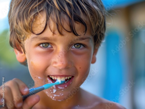 Young Child Brushing Her Teeth With Joy in a Rural Location During Daylight Hours.