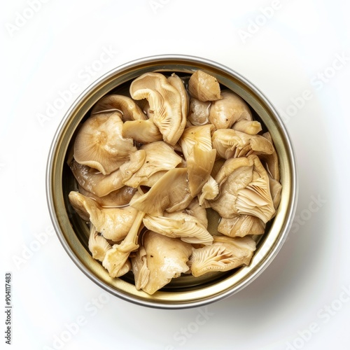 Medium shot of Canned food chopped straw mushrooms, isolated on a white background, 