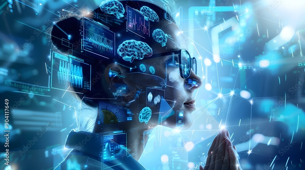 Woman Interacting with Holographic Brain Data. Woman Interacting with Holographic Brain Data.