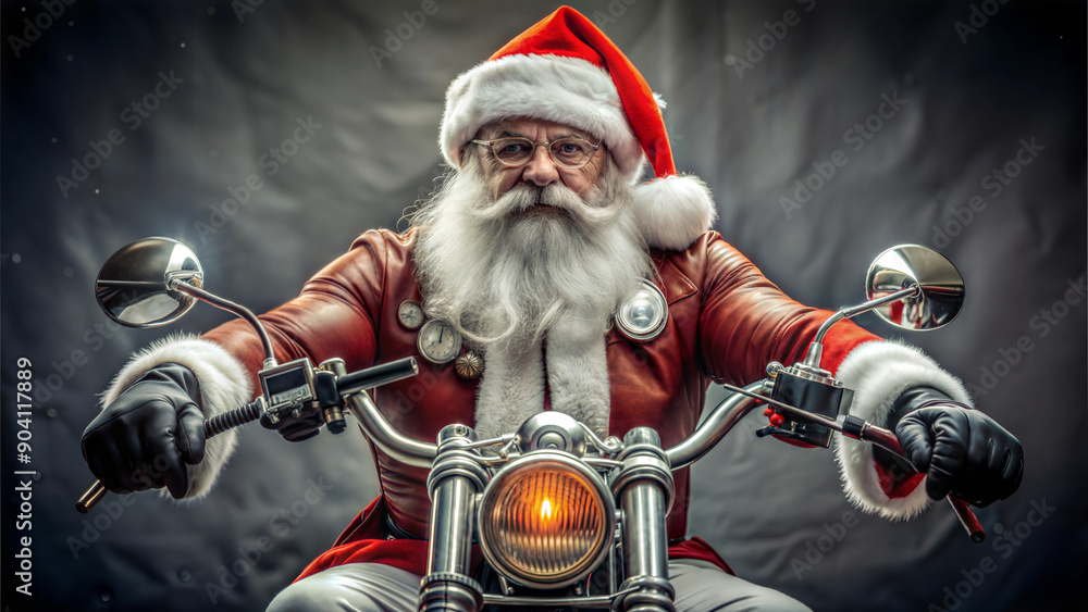 Fototapeta premium Santa Claus Biker Riding a Cool Skull-Adorned Motorcycle for Christmas