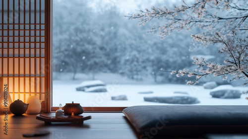静寂の冬景色：畳敷きの和室から障子越しに見る雪に覆われた庭と樹木の写真、年末年始の雪景色