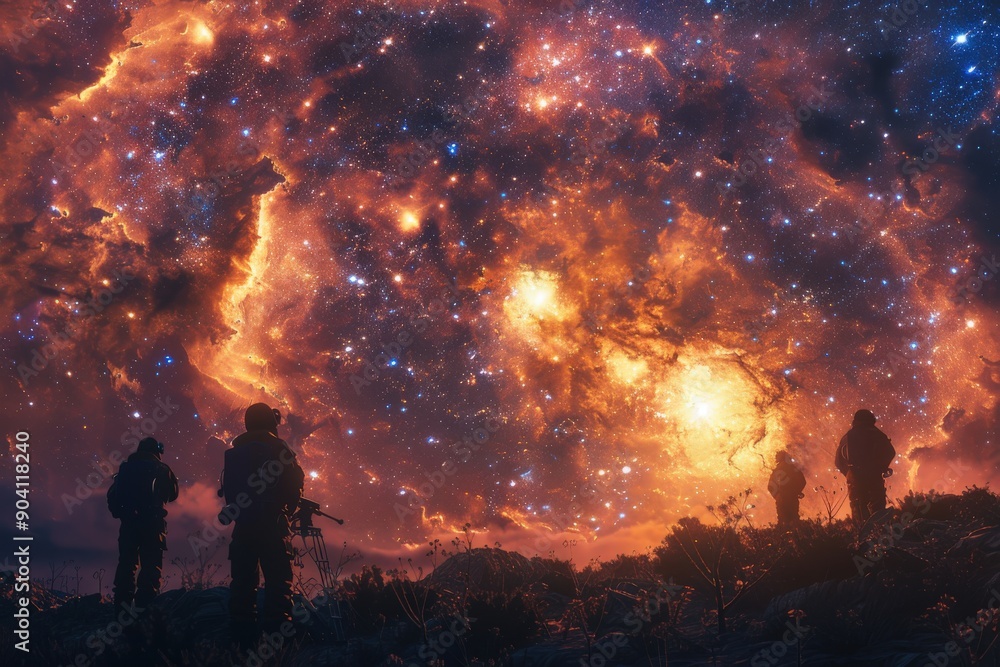 Obraz premium Silhouettes of astronomers with telescopes observing the vibrant starry sky illuminated by colorful nebulas, showcasing the grandeur and wonder of the universe.