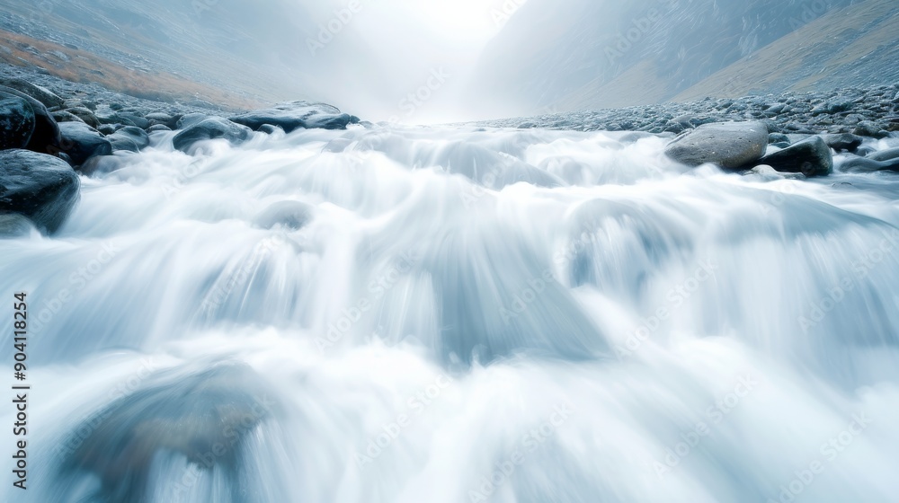 Obraz premium A serene river flowing over smooth stones, creating a misty atmosphere and gentle waves, perfect for nature lovers and relaxation.