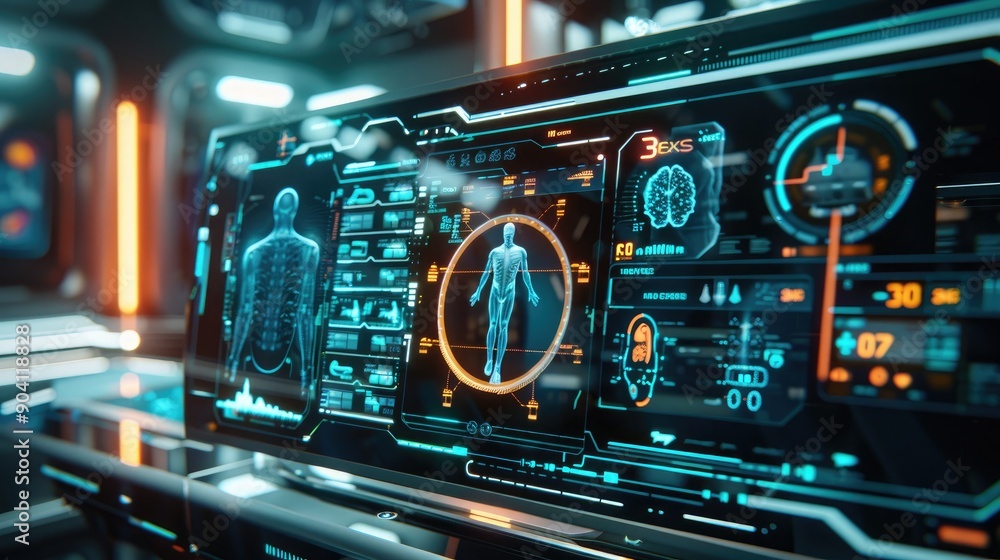 A high-tech, futuristic personal health scanner with advanced biometric sensors and real-time analysis. A high-tech, futuristic personal health scanner with advanced biometric sensors and real-time analysis.