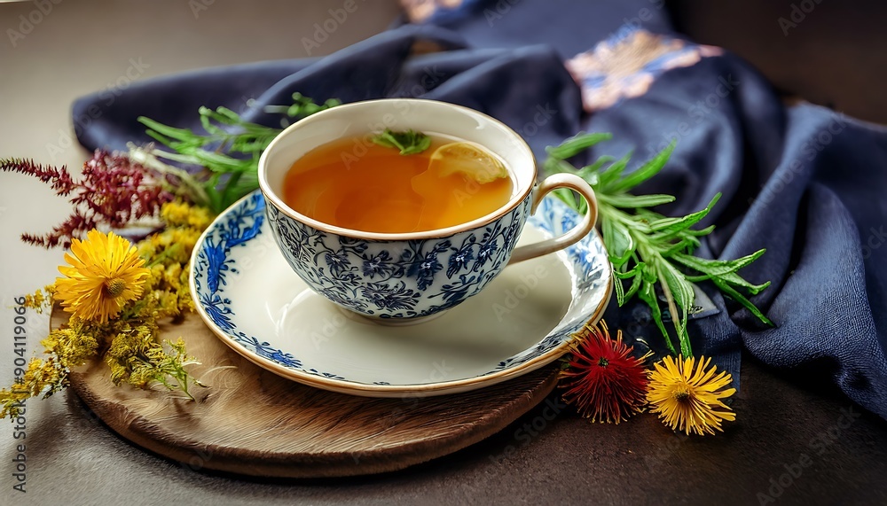 Autumn warming tea on a wooden table with autumn tree leaves lying nearby Autumn warming tea on a wooden table with autumn tree leaves lying nearby