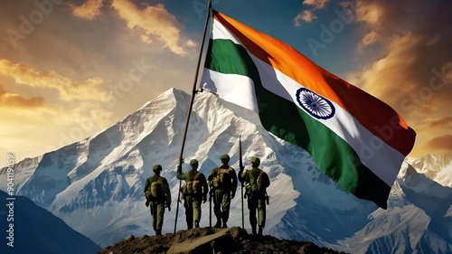  image commemorating Kargil Vijay Diwas, also known as Kargil Victory Day. The artwork depicts the silhouette of Indian Army soldiers standing proudly atop Mount Everest, holding the Indian flag .