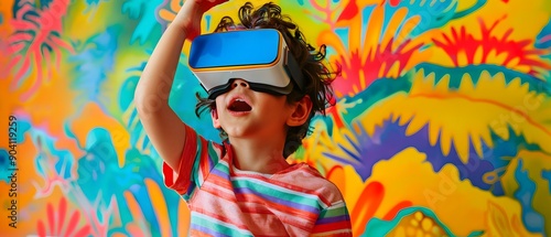 A young child wearing a VR headset stands in front of a colorful painted wall.
