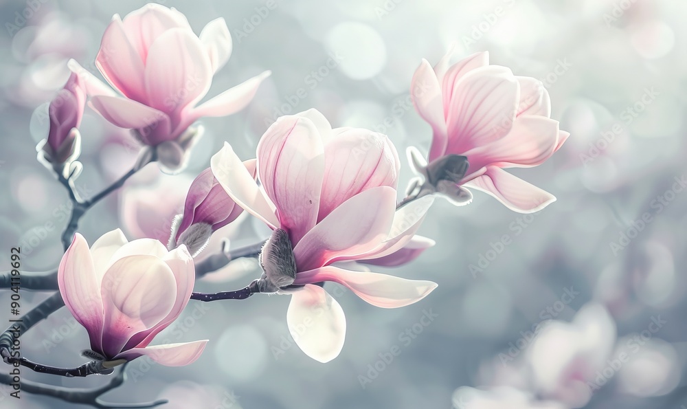 A magnolia tree with flowers blooming during the onset of spring, with blank space for additional image content incorporated A magnolia tree with flowers blooming during the onset of spring, with blank space for additional image content incorporated
