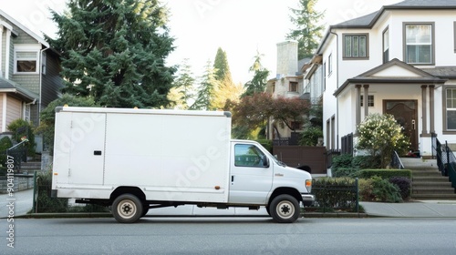 Fototapeta Naklejka Na Ścianę i Meble -  Commercial van delivers cargo to suburban custmers. Shipping parcels goods and orders in the countryside. Light duty truck
