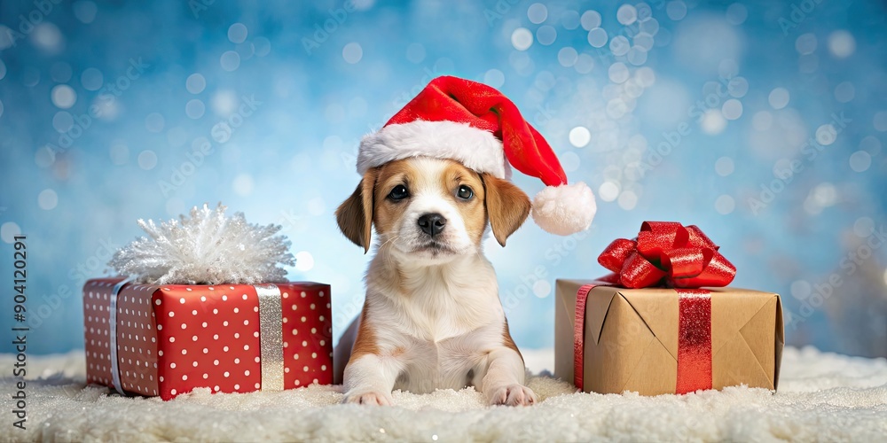 Adorable puppy wearing a Santa Claus hat surrounded by gifts on a snowy winter background, Christmas, holiday, pet, dog, canine Adorable puppy wearing a Santa Claus hat surrounded by gifts on a snowy winter background, Christmas, holiday, pet, dog, canine