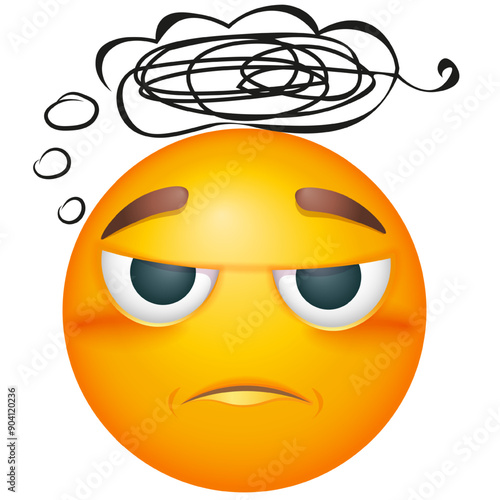 Thoughtful emoji with confused thoughts. Emoticon thinking on white background. Cute emoticon
