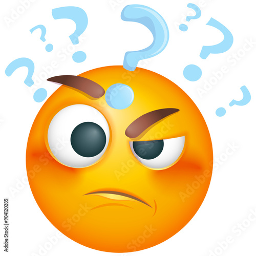 Thoughtful emoji with confused thoughts. Emoticon thinking with question on white background. Cute emoticon