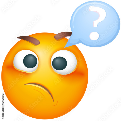Thoughtful emoji with confused thoughts. Emoticon thinking with question on white background. Cute emoticon