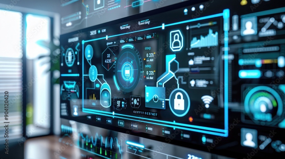 A high-tech home security control panel displaying real-time data from various security sensors and cameras throughout the house. A high-tech home security control panel displaying real-time data from various security sensors and cameras throughout the house.