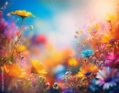 Bright Summer Floral Art Illustration Flowers Background with Copy Space for Advertising Text