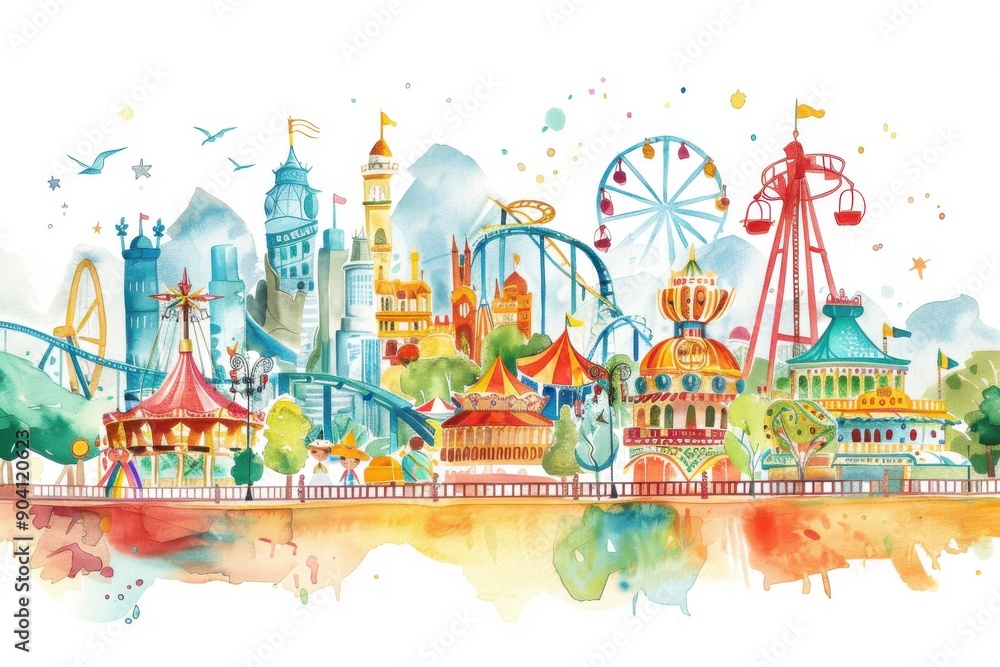 Vibrant watercolor depiction of an amusement park with rides, attractions, and colorful tents under a bright sky. Vibrant watercolor depiction of an amusement park with rides, attractions, and colorful tents under a bright sky.