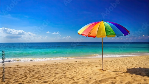 Colorful beach umbrella standing on sandy beach with blue ocean in the background, beach, umbrella, sunshade, sand