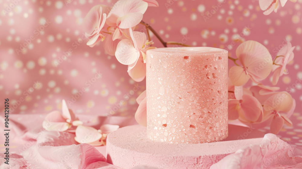 A textured cylindrical podium is placed on a pink pastel background with abstract polka dot patterns. Warm, diffused studio lighting adds a cozy touch, perfect for beauty products. A textured cylindrical podium is placed on a pink pastel background with abstract polka dot patterns. Warm, diffused studio lighting adds a cozy touch, perfect for beauty products.