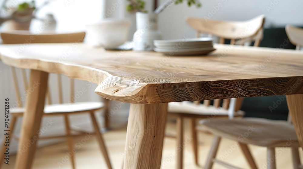 Simple wooden dining table, creatively shaped live edge tabletop, Scandinavian design, modern home, close-up, high resolution. Simple wooden dining table, creatively shaped live edge tabletop, Scandinavian design, modern home, close-up, high resolution.