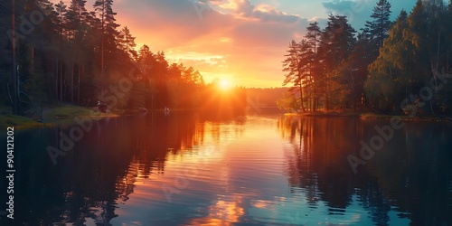 Peaceful Sunset Reflection Over a Calm Lake in a Forest Illustration