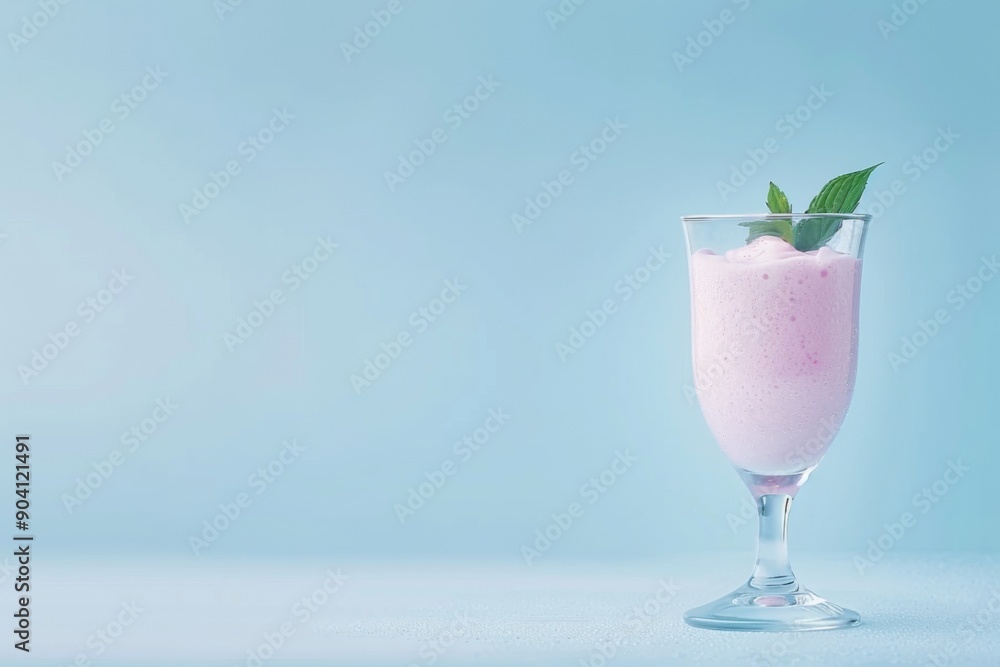 Refreshing Strawberry Smoothie in a Tall Glass on Blue Background Refreshing Strawberry Smoothie in a Tall Glass on Blue Background
