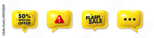 Offer speech bubble 3d icons. 50 percent discount offer tag. Sale price promo sign. Special offer symbol. Discount chat offer. Flash sale, danger alert. Text box balloon. Vector