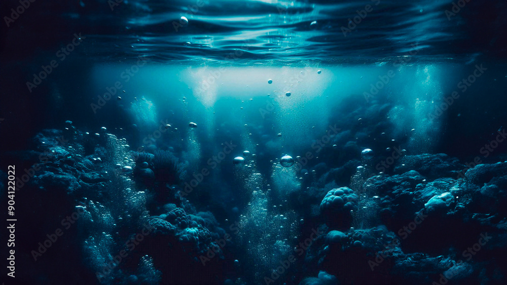 Obraz premium Calm and mysterious underwater view with bubbles rising to the surface in the deep blue ocean