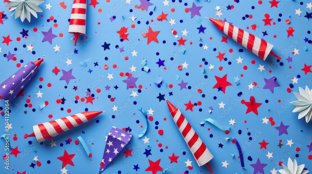 Fototapeta premium A bright and festive 4th of July flat lay with firework rockets and confetti on a lavender