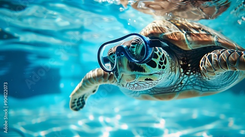 A green sea turtle swimming in a pool while wearing a cap and goggles