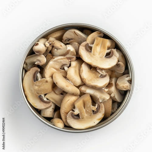 Medium shot of Canned food chopped straw mushrooms, isolated on a white background, 