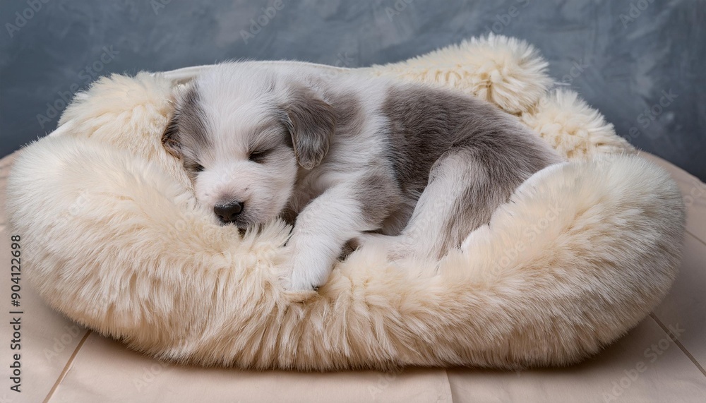 ベッドで気持ちよさそうに眠っている子犬 ベッドで気持ちよさそうに眠っている子犬